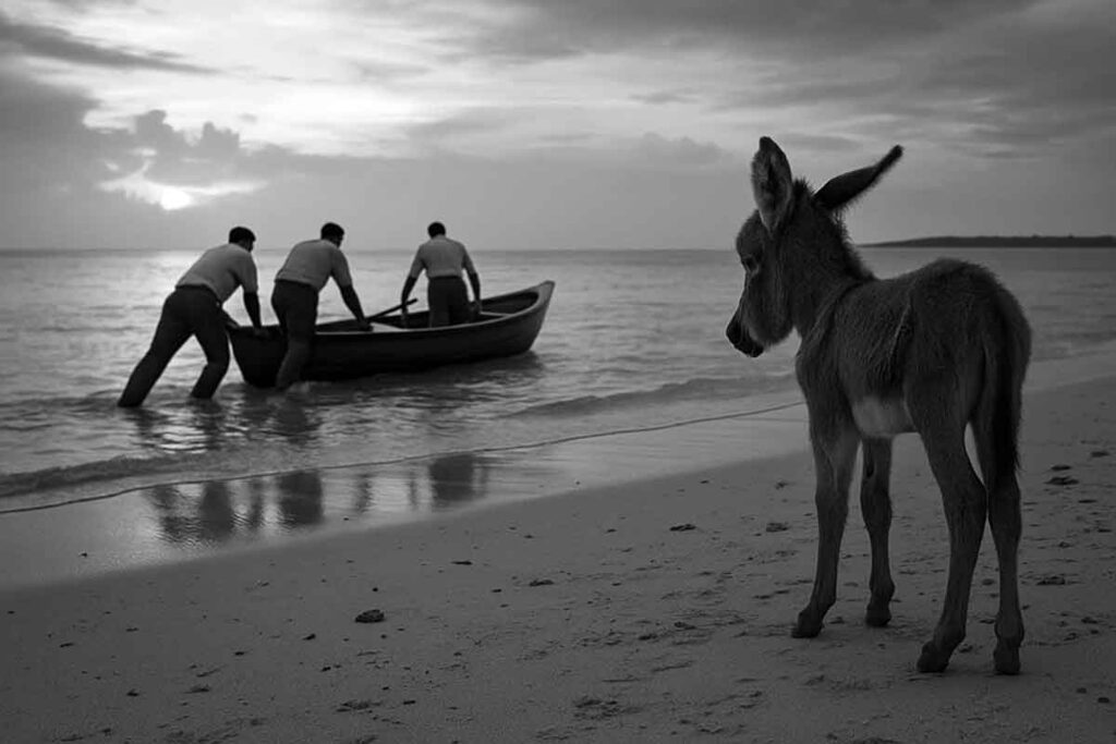 Gentle Little Carrie watching as the men who treated her so kindly return Sand Island
